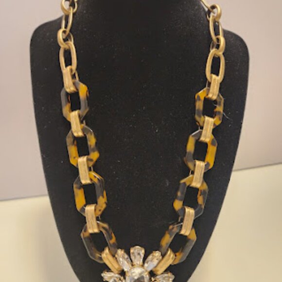 J.Crew Tortoise Shell and Gold with Large Crystal Pendant Necklace - Picture 3 of 6